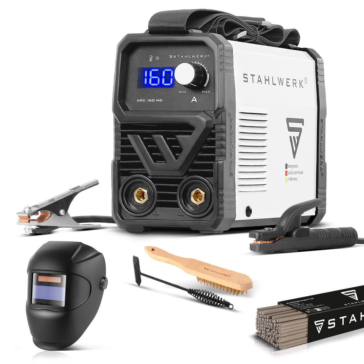 Poste de soudage à électrode entièrement équipé STAHLWERK ARC 160 MD - Soudeur DC MMA, E-Hand, Lift-TIG | Réglable en continu | Vrai 160 ampères | Très compact et léger | Démarrage à chaud, antiadhésif, refroidissement intelligent | Technologie IGBT