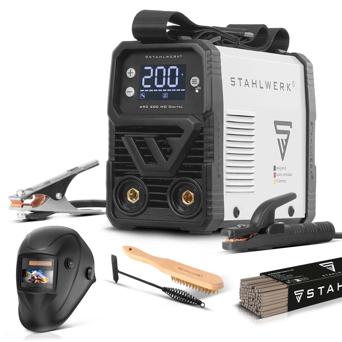 STAHLWERK ARC 200 MD - 2026 - Poste de soudage à électrode numérique DC équipement complet MMA / E-hand, Lift-TIG | Vrai 200 ampères | Affichage numérique avec menu | Hotstart, Anti-Stick, ARC Force, VRD | Refroidissement intelligent | Technologie IGBT
