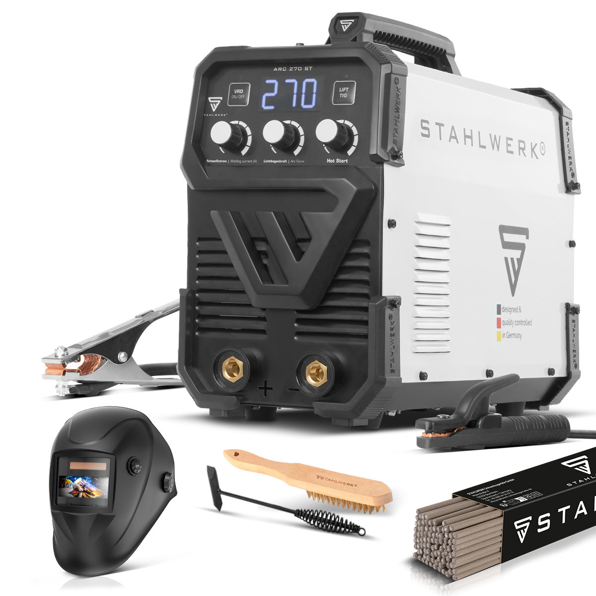 STAHLWERK ARC 270 ST Vollausstattung IGBT- Schweißgerät DC MMA / E-Hand Welder, Lift-TIG Funktion mit echten 270 Ampere sehr kompakt, 400V, weiß