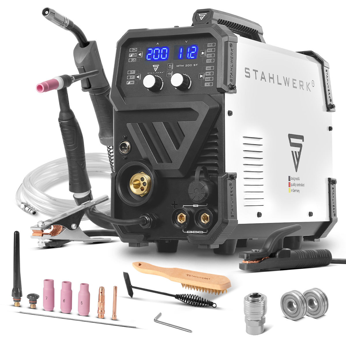 STAHLWERK MTM-200 ST 3-in-1 inert gas welding machine | 200 A combination inverter for TIG, MIG/MAG, MMA, FLUX, CuSi3 soldering | HF ignition | Synergic wire feeder | VRD and Hotstart | 2-stroke / 4-stroke mode