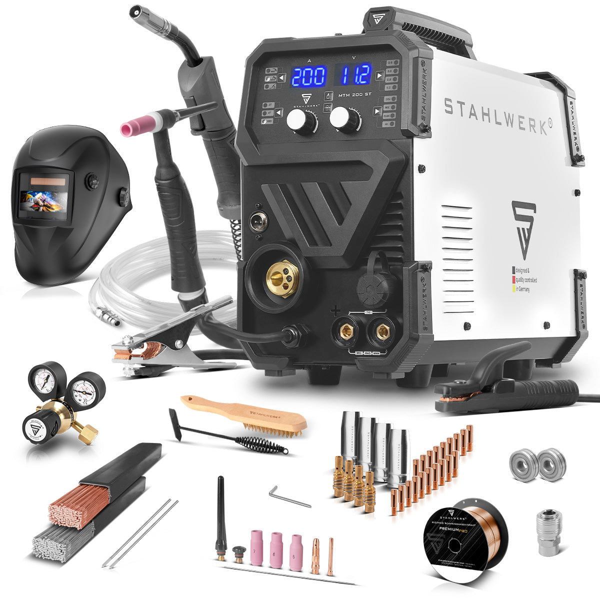 ماكينة لحام بالغاز الخامل STAHLWERK MTM-200 ST 3 في 1 مجهزة بالكامل | 200 عاكس مركب لحام TIG، MIG/MAG، MMA، FLUX، CuSi3 | اشتعال التردد العالي | مغذي الأسلاك التآزرية | VRD وHotstart | وضع 2 شوط / 4 شوط