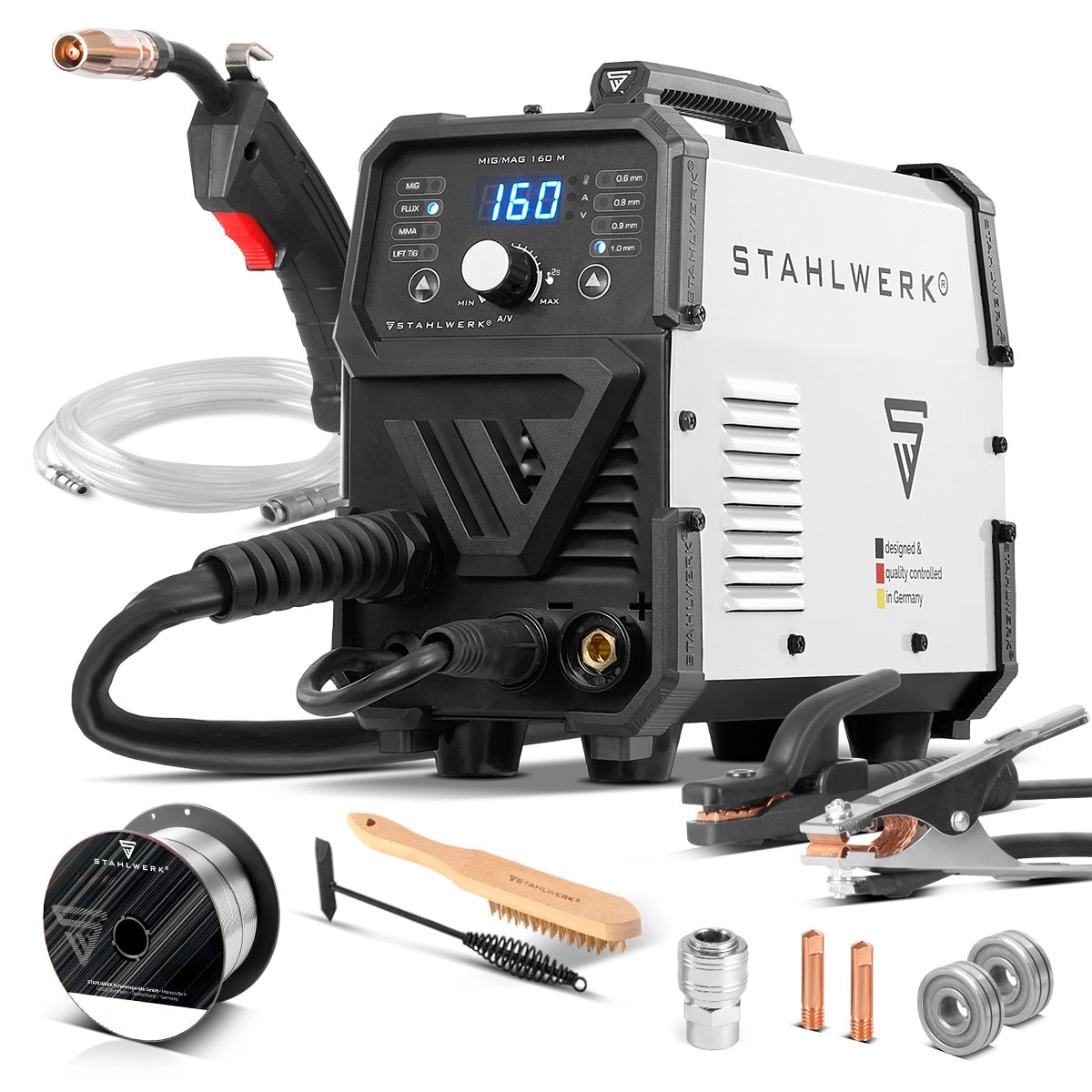 STAHLWERK MIG/MAG 160 M welding machine Fully synergic 5 in 1 combination device with real 160 amps and 2 rolls of drive/cored wire, MIG MAG, ARC MMA, Lift TIG
