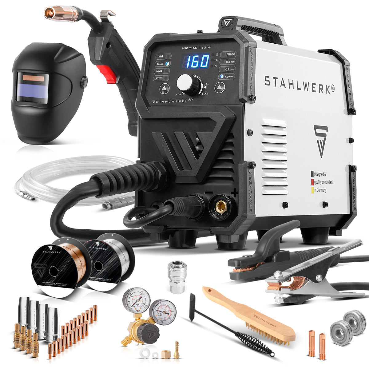 STAHLWERK MIG MAG 160 M Fully equipped welding machine Fully synergic 5 in 1 combination device with real 160 amps and 2 rolls of drive/cored wire, MIG MAG, ARC MMA, Lift TIG