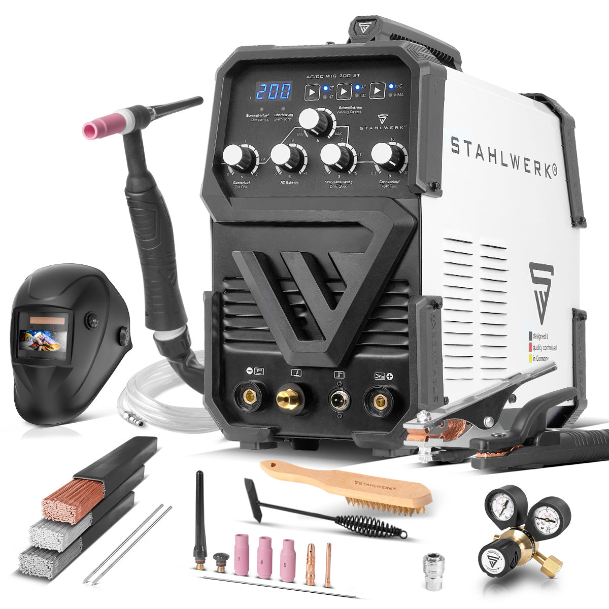 STAHLWERK AC/DC TIG 200 ST IGBT معدات كاملة، آلة لحام مركبة مع 200 أمبير TIG MMA، لحام ألومنيوم