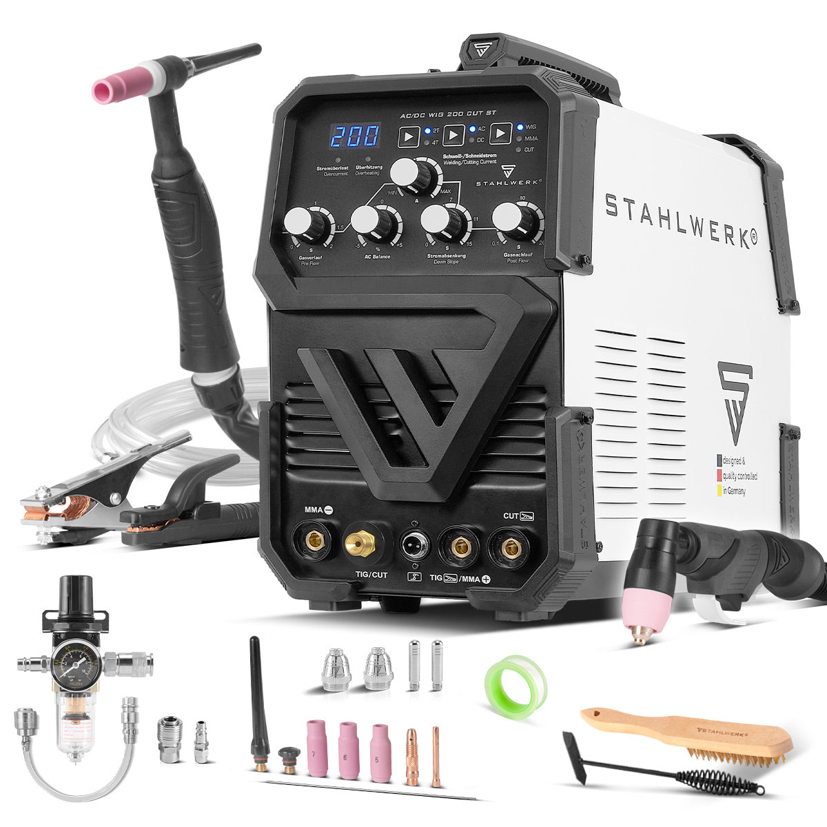 STAHLWERK Schweißgerät AC/DC WIG 200 CUT ST - Kombi 200 A WIG MMA Schweißgerät mit 45 A CUT Plasmaschneider, ALU geeignet
