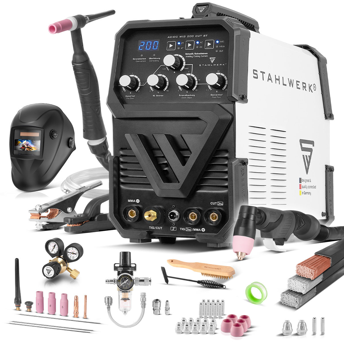 STAHLWERK Schweißgerät AC/DC WIG 200 CUT ST Vollausstattung Kombi 200 A WIG MMA und Schweißgerät 45 A CUT Plasmaschneider, ALU geeignet