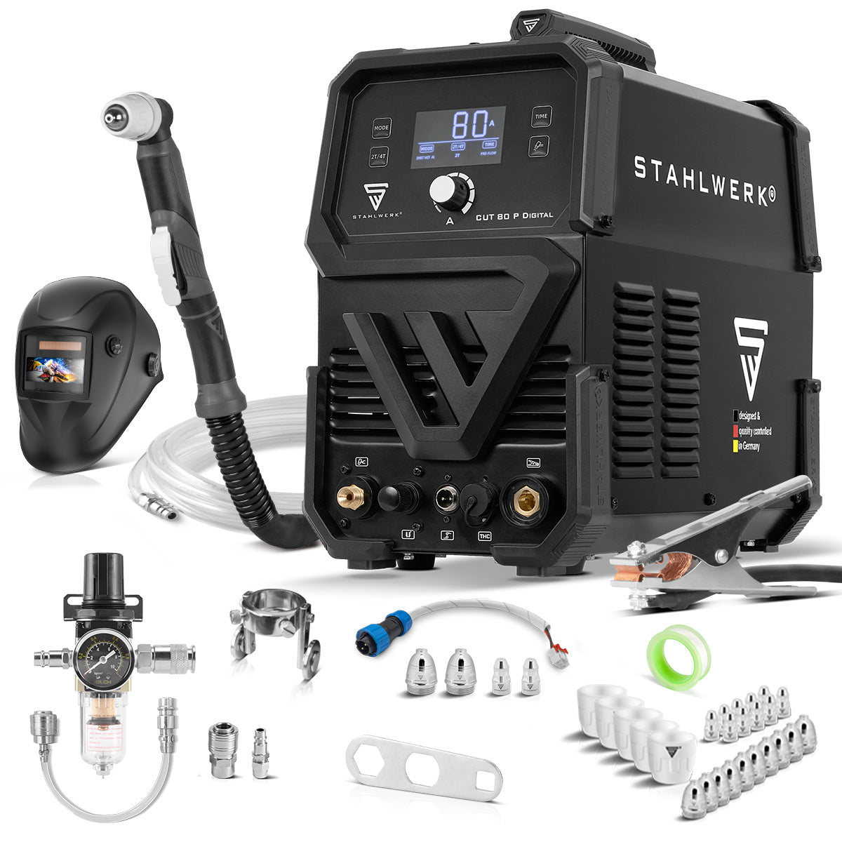 قاطع بلازما STAHLWERK CUT 80P ديجيتال مجهز بالكامل | قاطع بلازما عاكس 80A | اشتعال تجريبي HF | شاشة ديجيتال | واجهة THC لـ CNC | أداء القطع يصل إلى 25 ملم | قاطع البلازما مع وظيفة 2T/4T