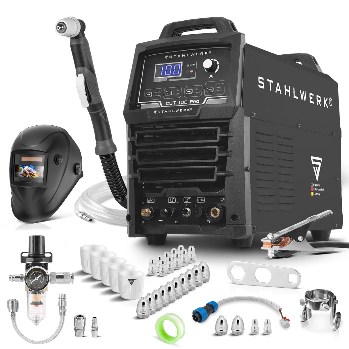 Tagliatrice al plasma STAHLWERK CUT 100 Pro | Taglierina al plasma inverter 100A | Accensione pilota HF | Display digitale | Interfaccia THC per CNC | Prestazioni di taglio fino a 44 mm | Taglierina al plasma con funzione 2T/4T
