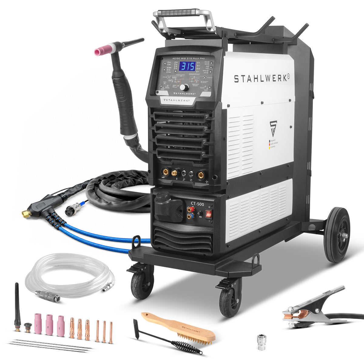 STAHLWERK Schweißgerät AC/DC WIG 315 Puls Pro – wassergekühltes 315 A Industrieschweißgerät mit 1,6 kW Wasserkühlung, AC/DC Puls, MMA/E-Hand, Spot, HF- und Lift-TIG-Zündung, digitales Display, 400 V