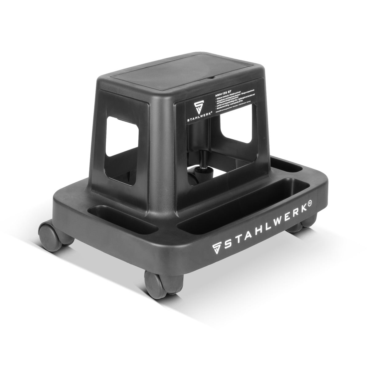 Sgabello da officina STAHLWERK MWH-135 ST | Capacità di carico 135 kg | Sedile da officina arrotolabile con ruote piroettanti e scomparto interno | Sedia da officina leggera | Robusto sgabello da officina con vani portaoggetti
