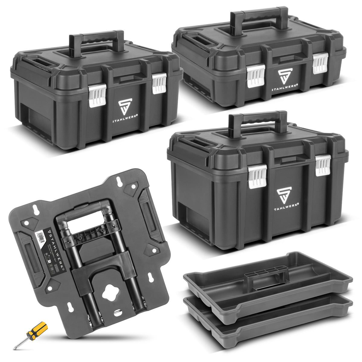 STAHLWERK Toolbox Set | Mobile tool trolley and organizer with telescopic handle | Flexible module system with assortment boxes | 3 stackable tool boxes | Tool boxes with small parts organizer