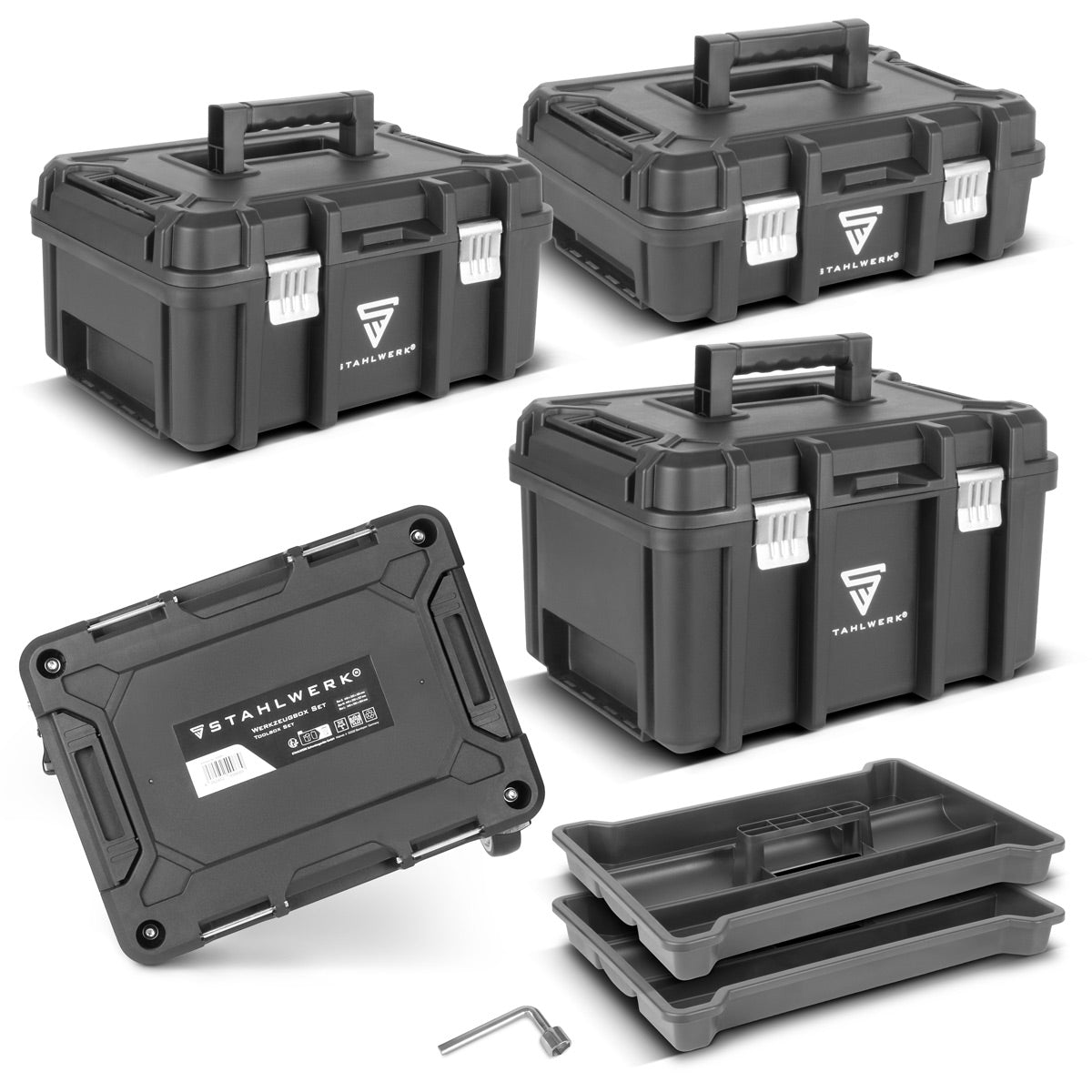 STAHLWERK Toolbox Set | 3 stackable tool boxes | Mobile tool trolley with roller board | Flexible module system with assortment boxes | Mobile tool boxes with small parts organizers