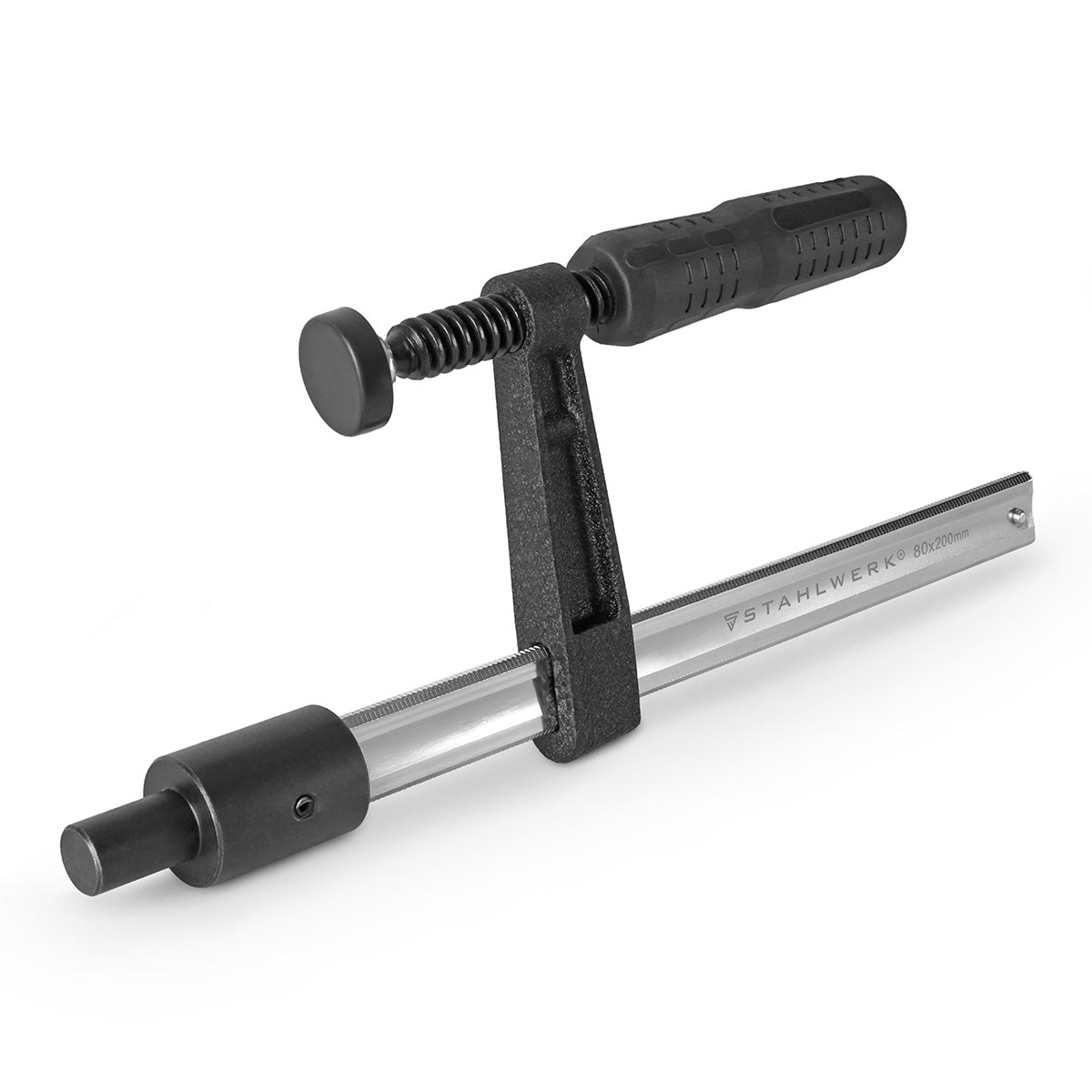 STAHLWERK Spannzwinge für Schweißtische| F-Clamp mit Spannbereich 80 x 200 mm| D 16 Lochsystem | Fixiert Werkstücke sicher | Vernickelter Schaft | Profil-Führungsschiene | Vollgummierter Knebelgriff