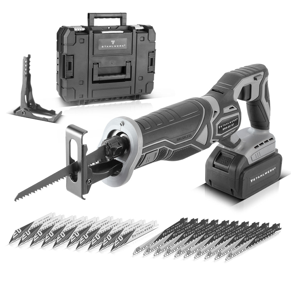 STAHLWERK Brushless-Akku-Säbelsäge BRS-20 ST | 20 Volt Universalsäge | 4 Ah Li Ion Akku | 20 Ersatzblätter (10 x Holz, 10 x Metall) | Schnellspannaufnahme | Hublänge 28 mm | 0-2.600 U/min