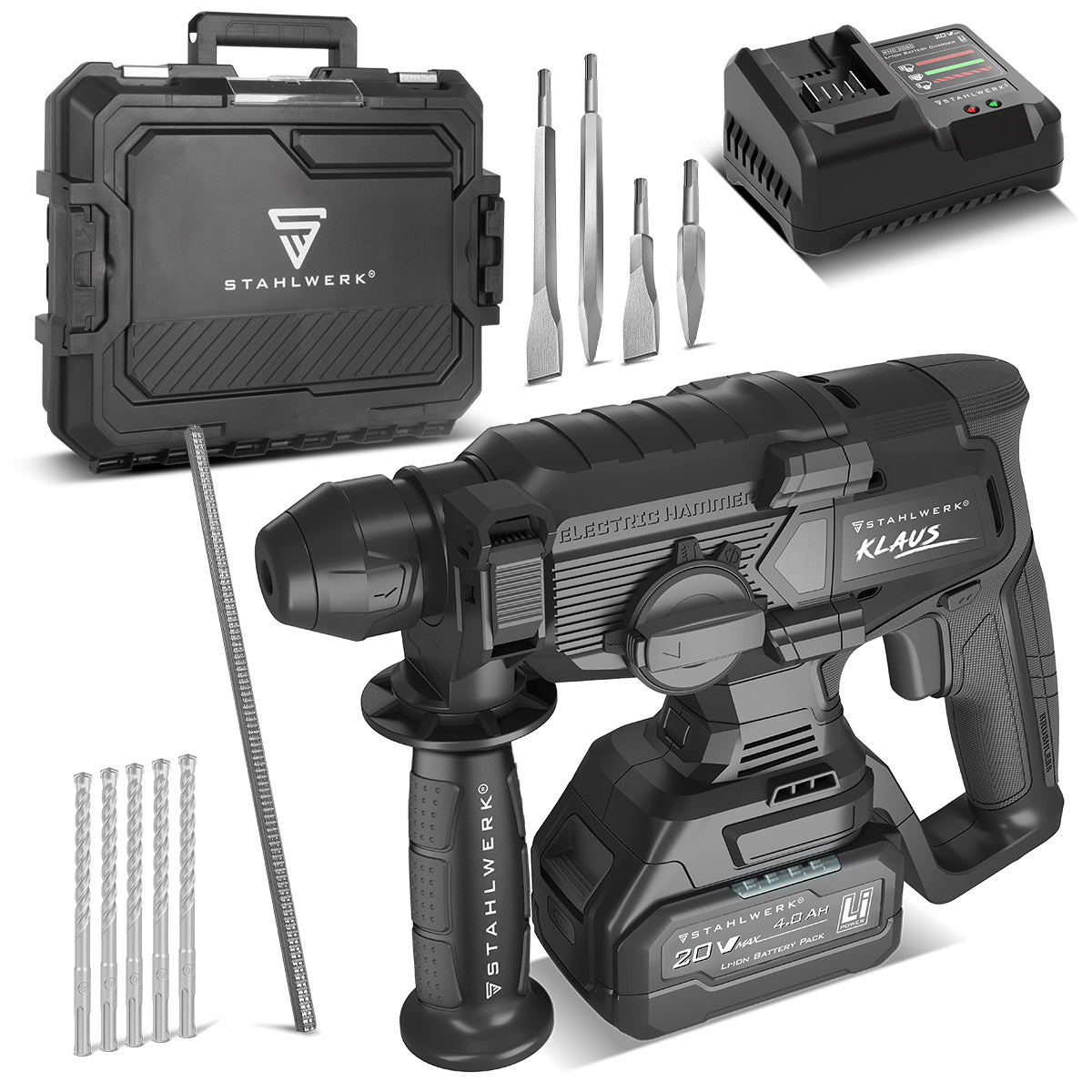 STAHLWERK Akku-Bohrhammer KLAUS | 20 Volt-System | Bohren, Schlagbohren und Meißeln | Bohrer | Bohrmaschine für Beton und Zement | 24 mm Bohrdurchmesser | Brushless | SDS