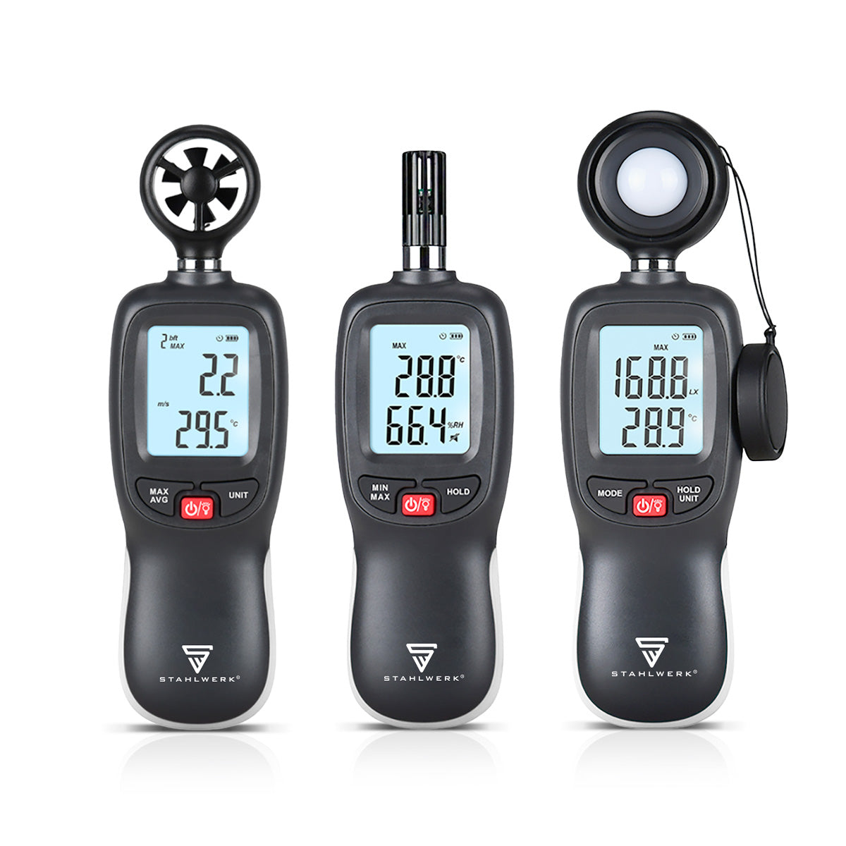 STAHLWERK 3-teiliges Messgeräte-Set mit Anemometer, Thermo-Hygrometer und Luxmeter | Perfekte Messung von Luftgeschwindigkeit, Temperatur, Luftfeuchtigkeit und Beleuchtungsstärke