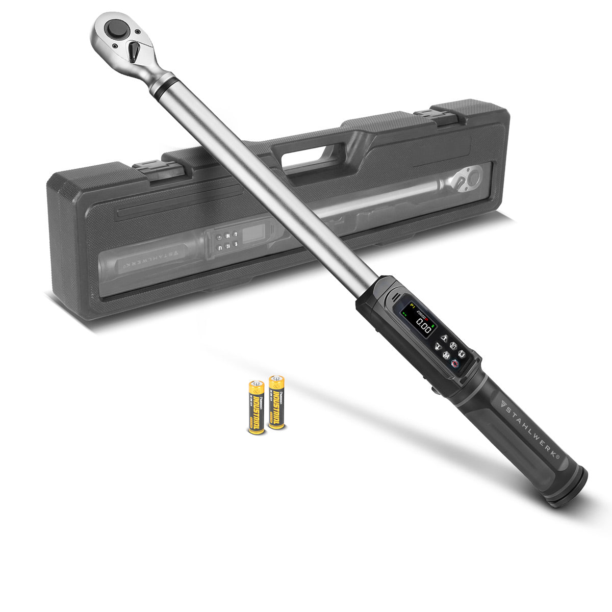 STAHLWERK Digitaler Drehmomentschlüssel 5-340 Nm 1/2"-Aufnahme | 72 Zähne | 560 mm | mit Eichzertifikat | Umschaltknarre | Ratschenschlüssel | Ratsche | LED-Anzeige und Transportbox