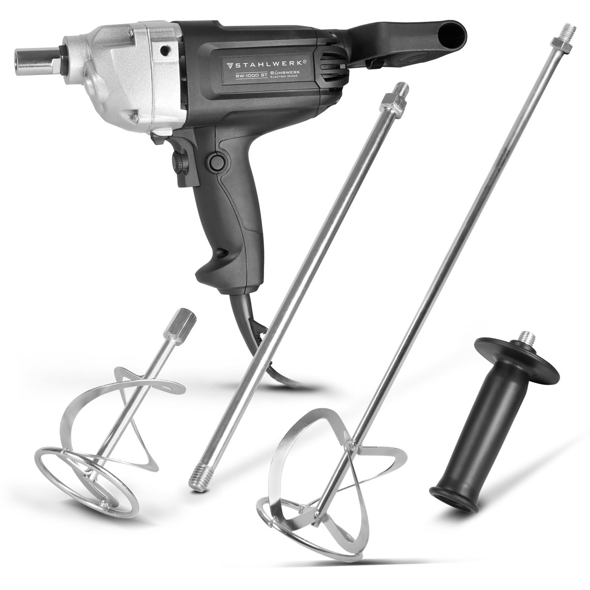 STAHLWERK agitator RW-1000 ST | 1,000 W and 550 rpm | Electric mortar stirrer with additional whisk 120 x 600 mm | Speed ​​control and right-left rotation | Concrete mixer | Paint stirrer | color mixer