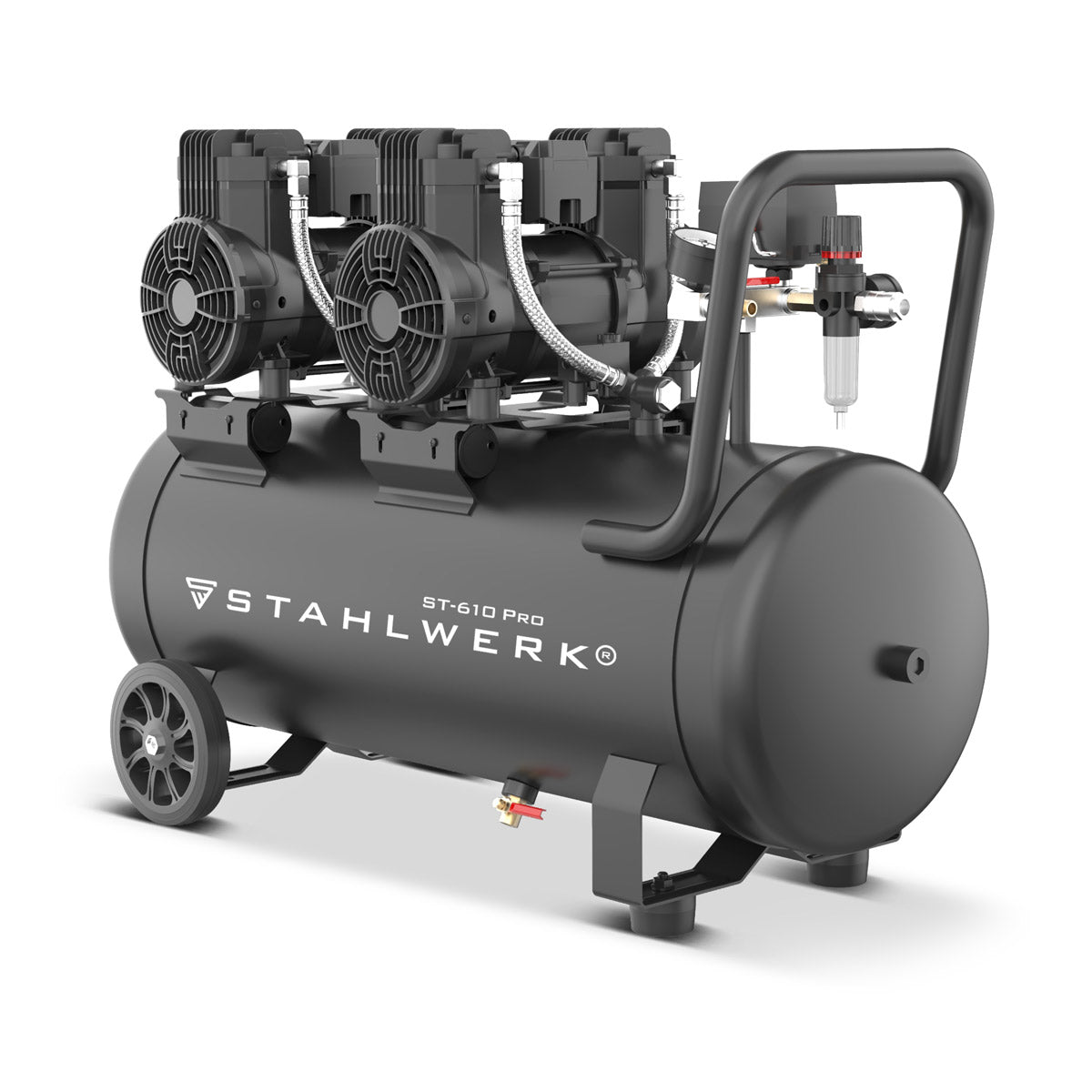 STAHLWERK Kompressor ST-610 Pro mit 10 bar | 3,94 PS | 2,9 kW | 500 l/min | 60 L Tank | Ölfreier Druckluft-Kompressor | Kolben-Kompressor | Silent-Kompressor | Flüster-Kompressor mit Brushless-Motor | 230 Volt