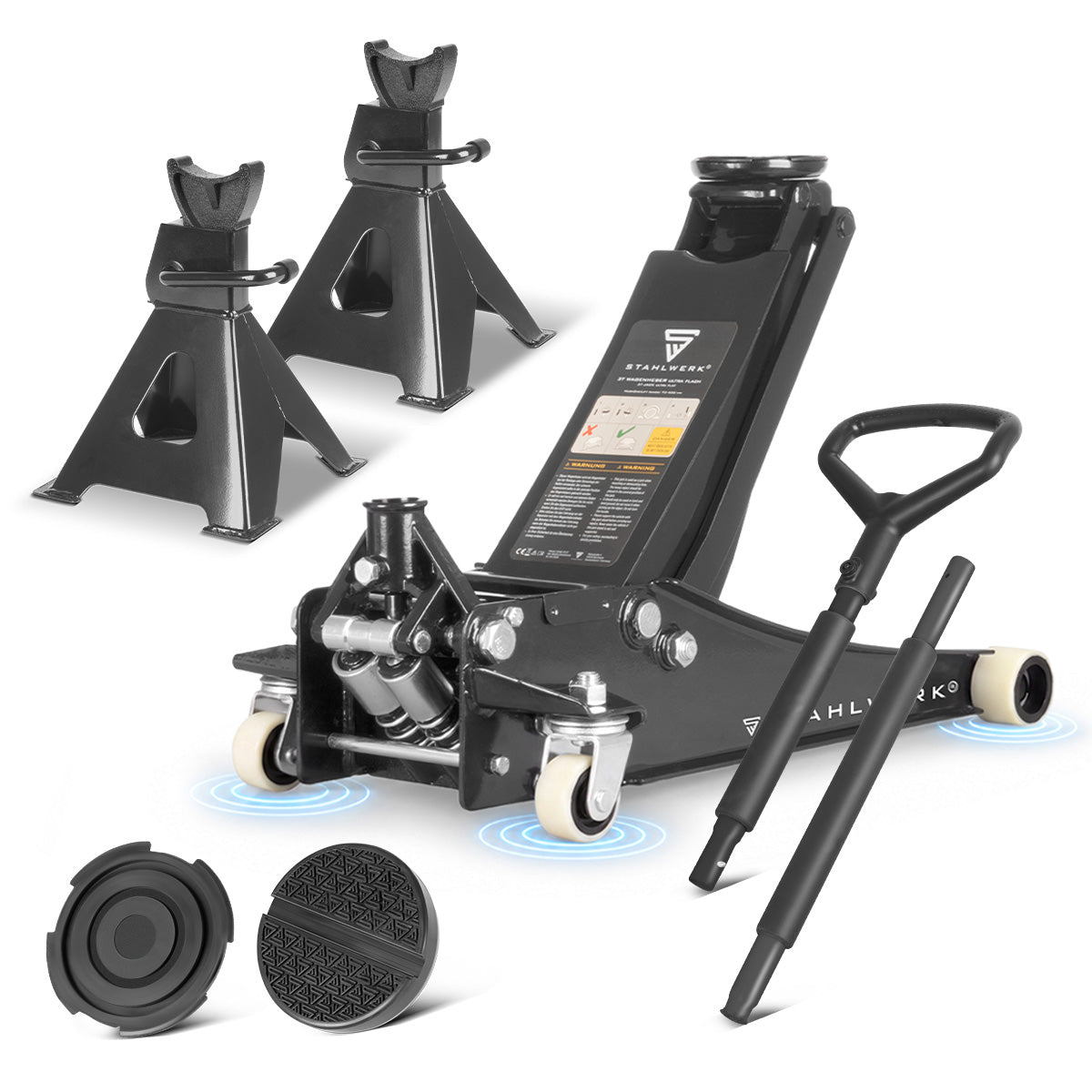 Gato para coche STAHLWERK WHB-73 ST con capacidad de carga de 3 t, rodillos silenciosos de goma, doble pistón de elevación y rango de elevación de 73-500 mm | Gato con ruedas extraplano | Gato hidráulico para coche | gato negro