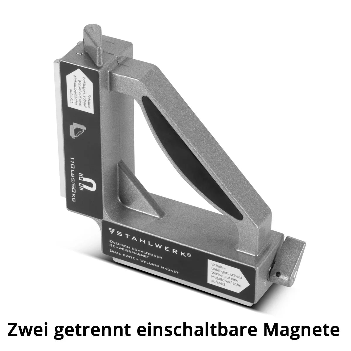 STAHLWERK Zweifach Schaltbarer Schweißmagnet | 90 Grad Eckmagnet mit zwei Schaltern | Starke Magnetschweißvorrichtung mit 50 kg Haftkraft