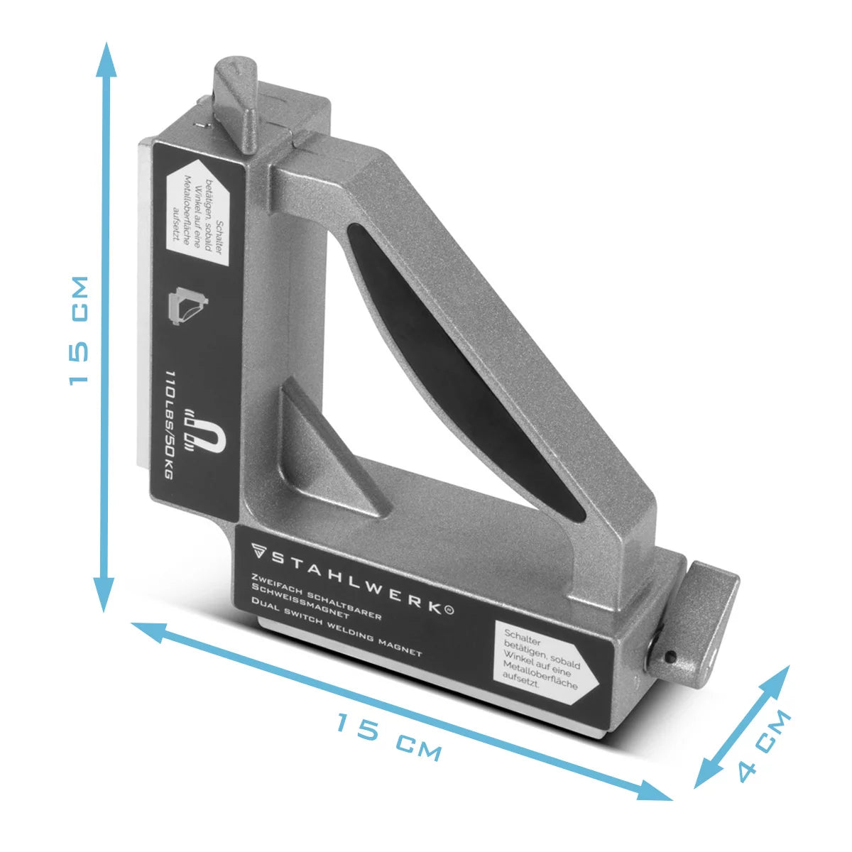 STAHLWERK Zweifach Schaltbarer Schweißmagnet | 90 Grad Eckmagnet mit zwei Schaltern | Starke Magnetschweißvorrichtung mit 50 kg Haftkraft