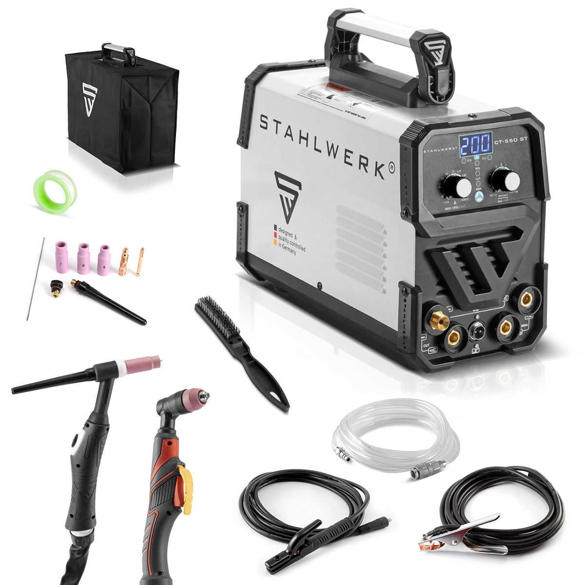 Steelworks 3 in 1 combi welding device CT 550 ST IGBT with electrode and plasma function / DC WIG MMA welding device with plasma cutter up to 12mm, 200 ampere WIG / MMA + 50 A cut