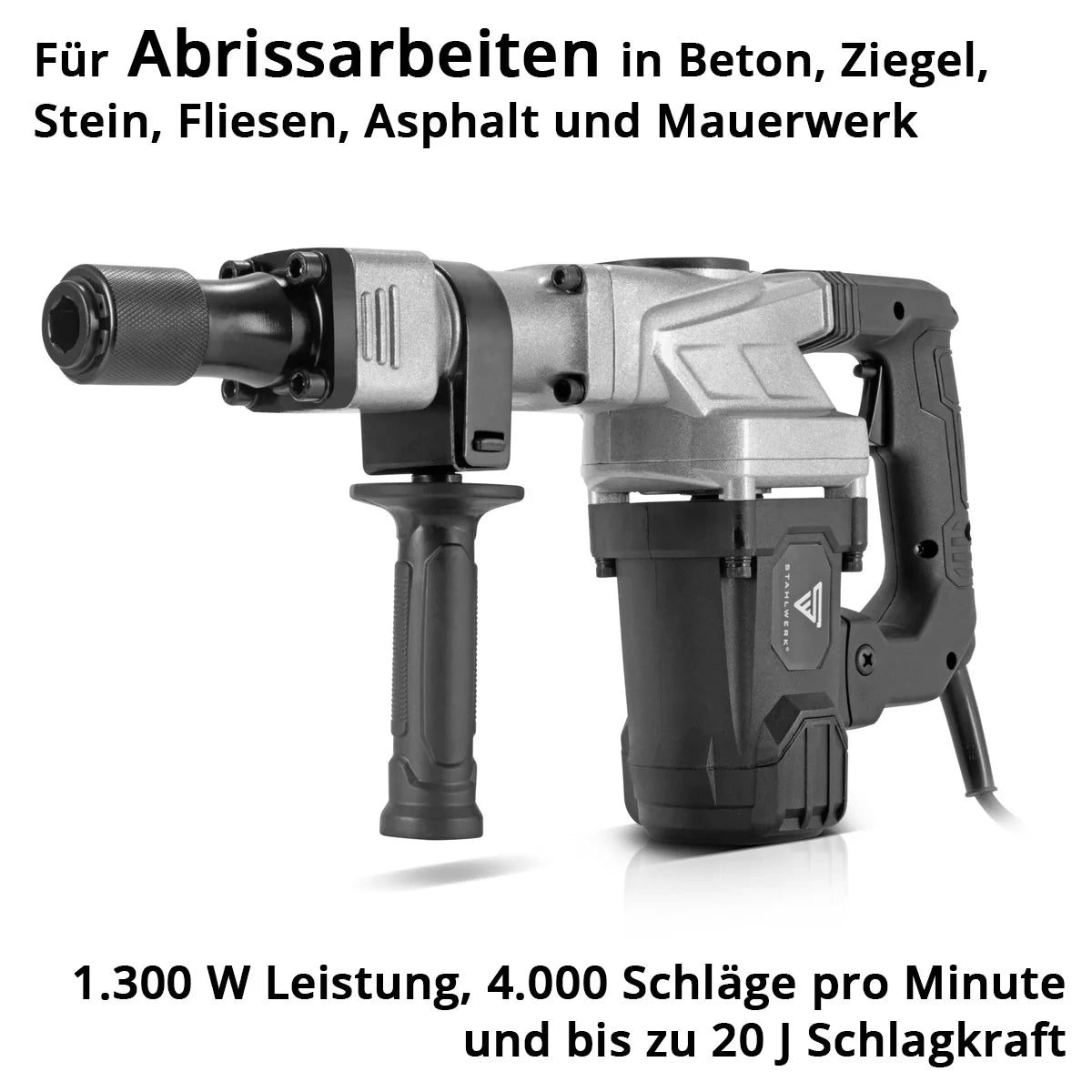 STAHLWERK Abbruchhammer AH-1300 ST mit 1.300 W Leistung, 4.000 Schläge pro Minute und 20 J Schlagkraft Stemmhammer | Meisselhammer | Schlaghammer | Bohrhammer | Abrisshammer mit Spitz- und Flachmeissel