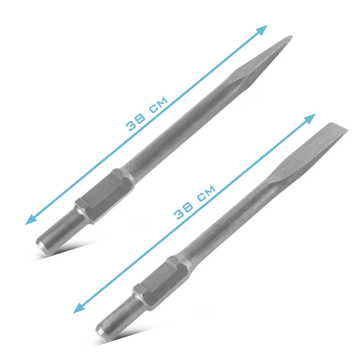 Cincel de acero 4 set con 2 cinceles planos y 2 cinceles puntiagudos de 30 x 380 mm grabación hexagonal para el martillo de demolición | Stemmhammer | Meißelhammer | Schlager | Bohrhammer | Martillo de demolición