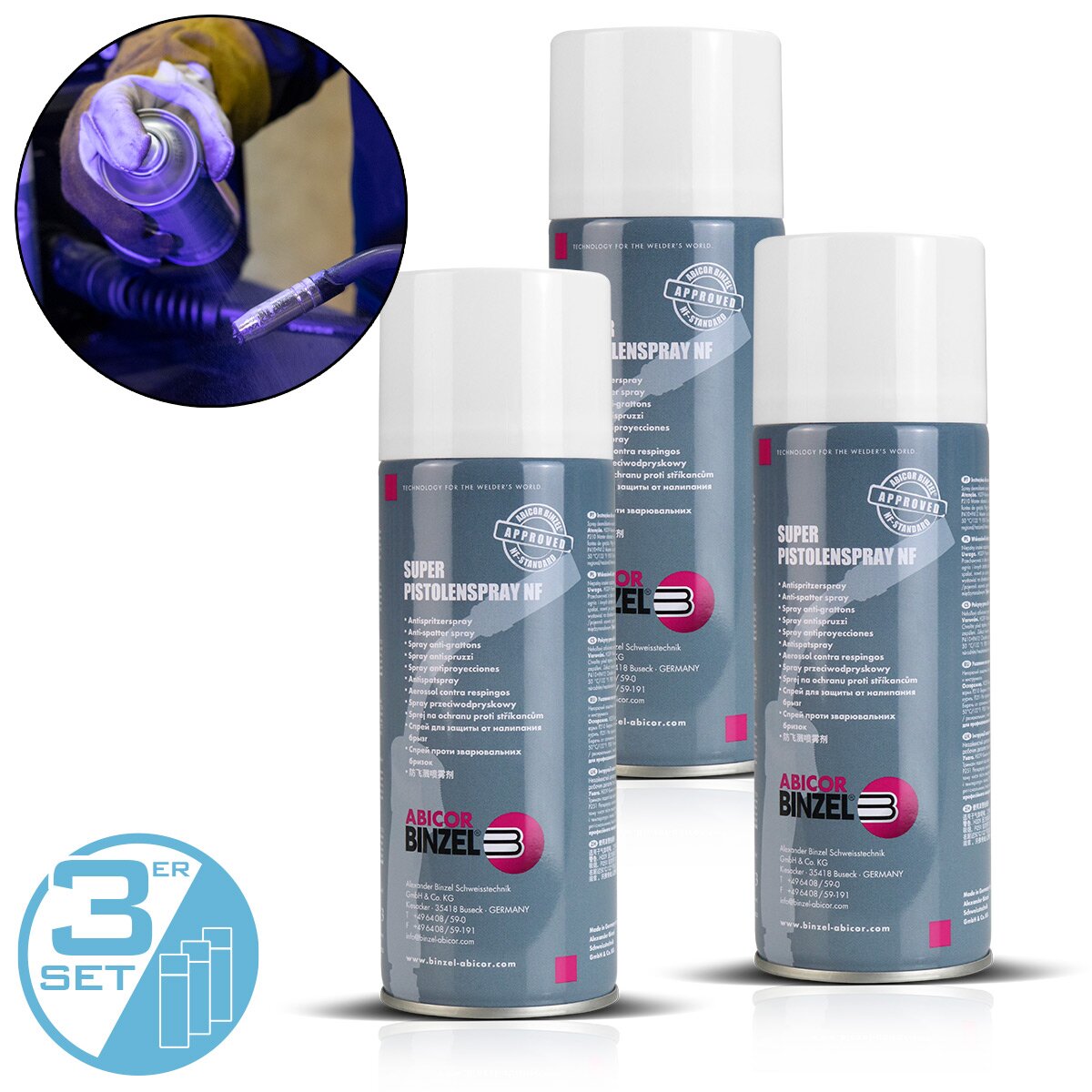 Abicor Binzel Super Pistolspray NF 3 Set 400 ml de Spray de protection du soudage | Spray de séparation | Spray distant | Séparateur | Spray de soudage pour la protection professionnelle des brûleurs de soudage, des buses de gaz et d'électricité