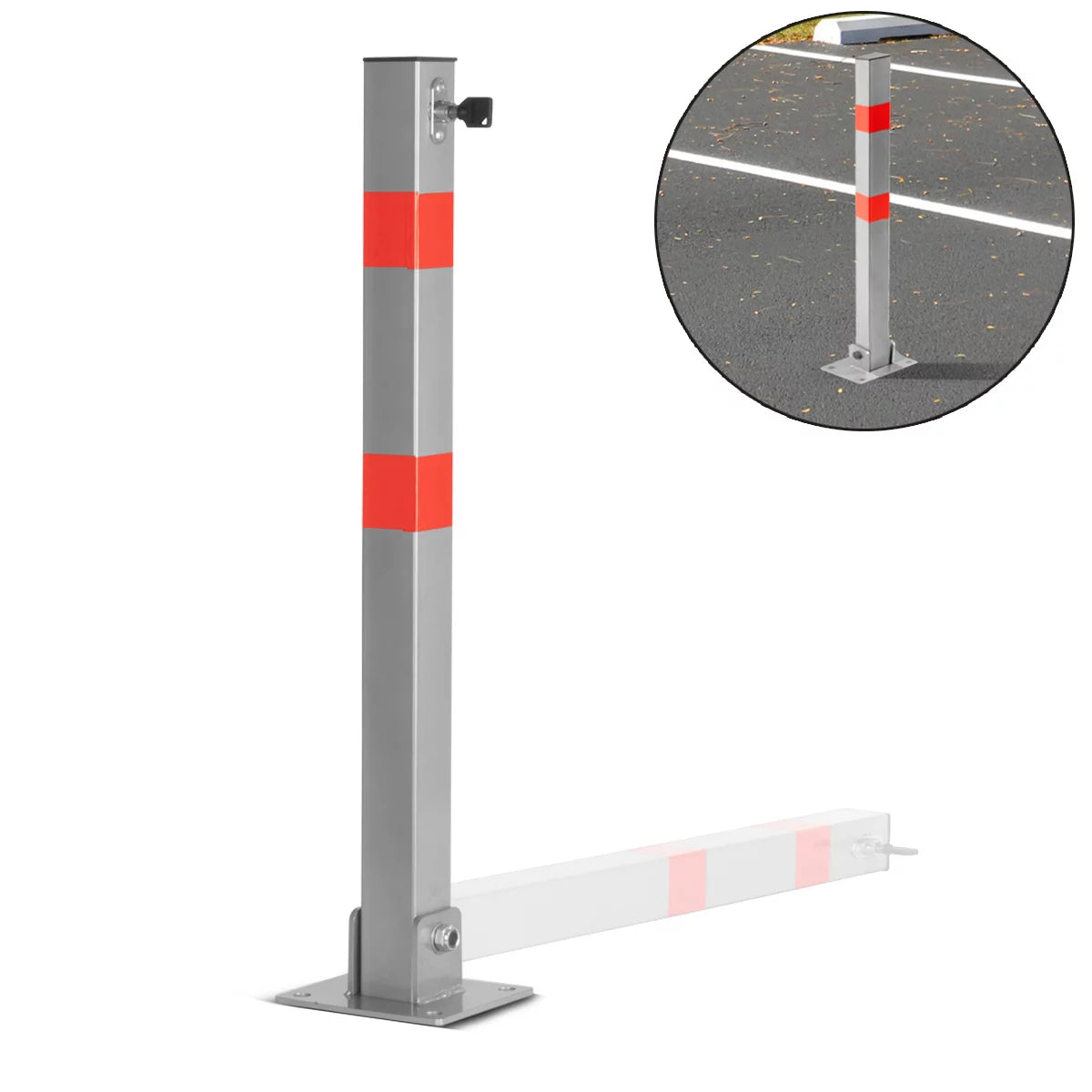 STAHLWERK umlegbarer Absperrpfosten | klappbarer Absperrpoller | Parkplatzsperre | stabile Stahlkonstruktion mit Signalstreifen | Pfosten zur Sicherung von Parkplätzen, Einfahrten und Ladezonen