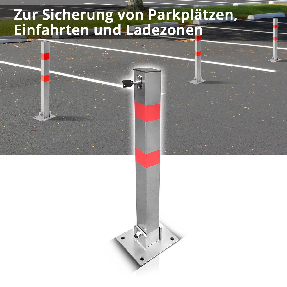 STAHLWERK umlegbarer Absperrpfosten | klappbarer Absperrpoller | Parkplatzsperre | stabile Stahlkonstruktion mit Signalstreifen | Pfosten zur Sicherung von Parkplätzen, Einfahrten und Ladezonen