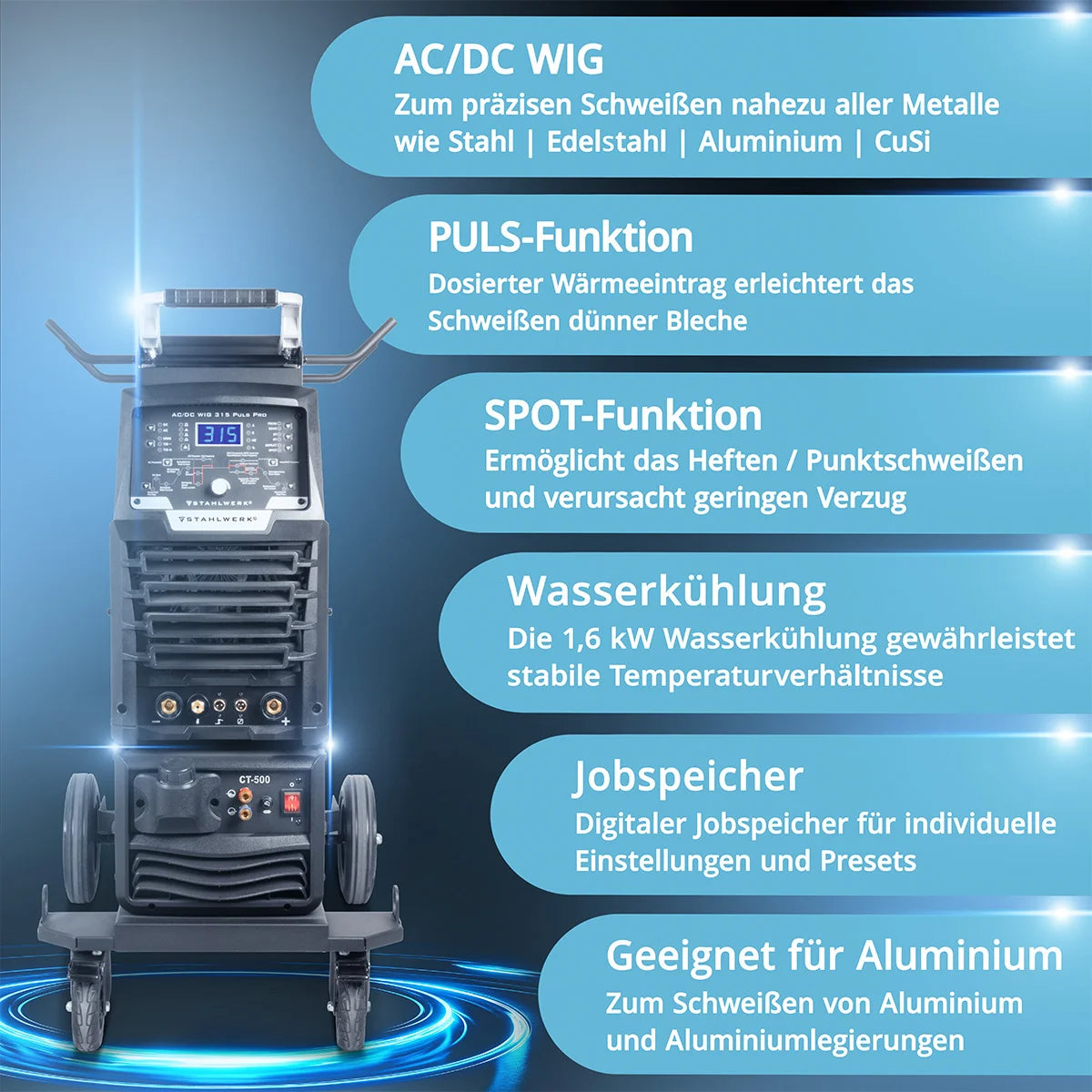 STAHLWERK Schweißgerät AC/DC WIG 315 Puls Pro – wassergekühltes 315 A Industrieschweißgerät mit 1,6 kW Wasserkühlung, AC/DC Puls, MMA/E-Hand, Spot, HF- und Lift-TIG-Zündung, digitales Display, 400 V