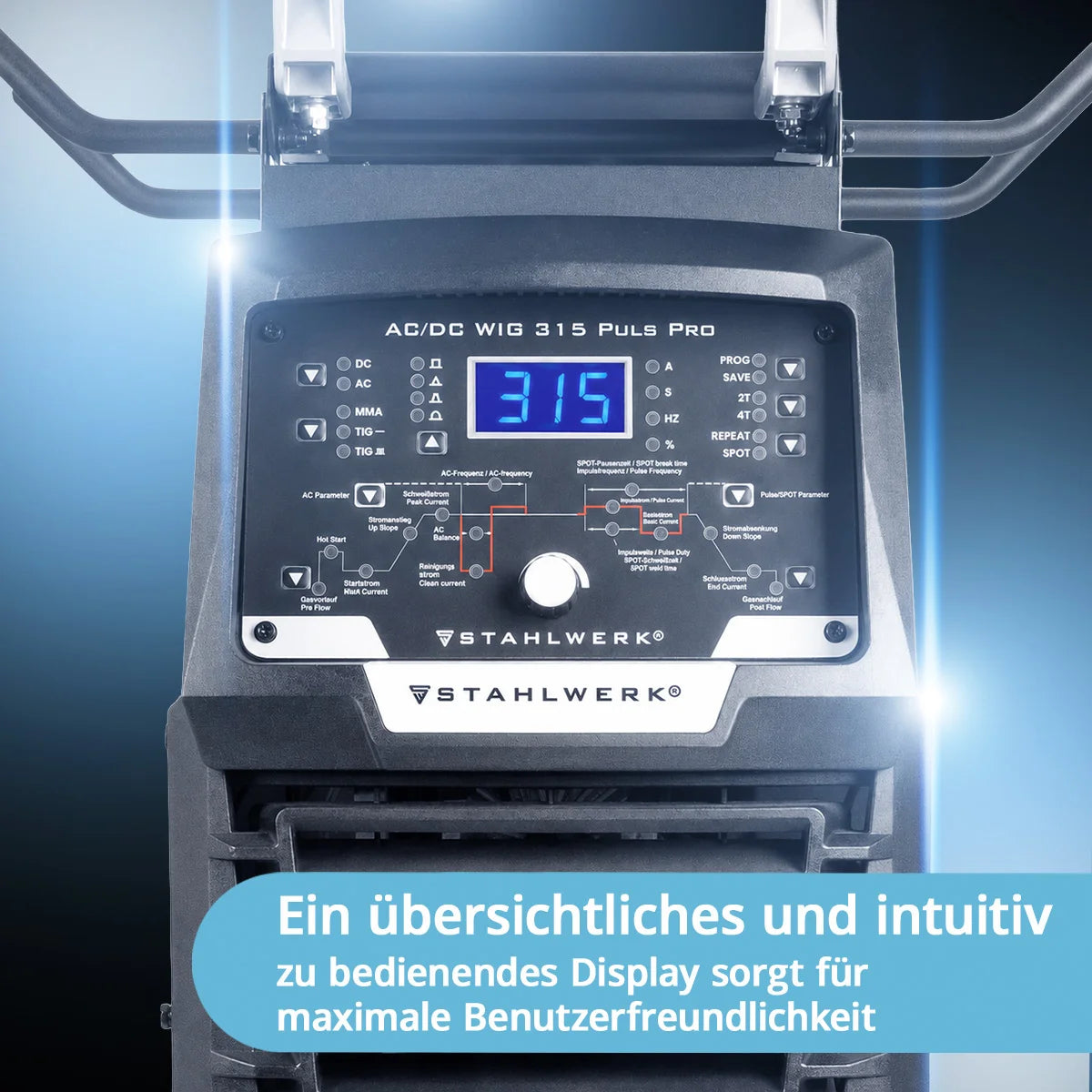 STAHLWERK Schweißgerät AC/DC WIG 315 Puls Pro – wassergekühltes 315 A Industrieschweißgerät mit 1,6 kW Wasserkühlung, AC/DC Puls, MMA/E-Hand, Spot, HF- und Lift-TIG-Zündung, digitales Display, 400 V