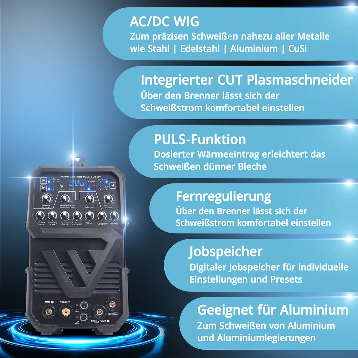 STAHLWERK Schweißgerät AC/DC WIG 200 Puls CUT ST mit 200 A WIG & MMA, Alu & Dünnblech geeignet, Kombigerät mit 45 A CUT-Funktion