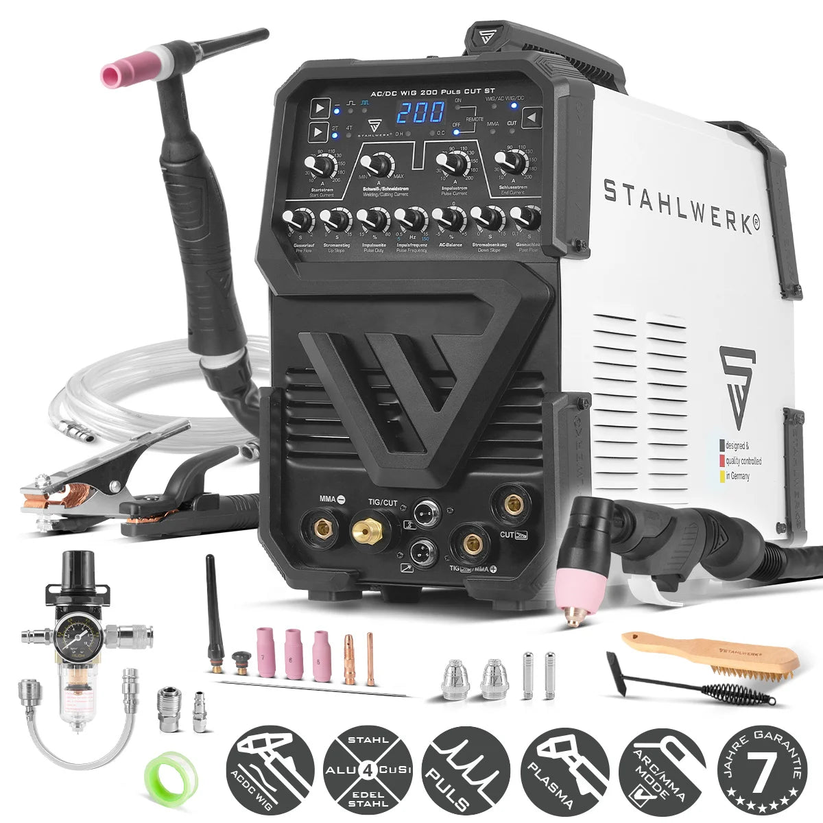 STAHLWERK Schweißgerät AC/DC WIG 200 Puls CUT ST mit 200 A WIG & MMA, Alu & Dünnblech geeignet, Kombigerät mit 45 A CUT-Funktion
