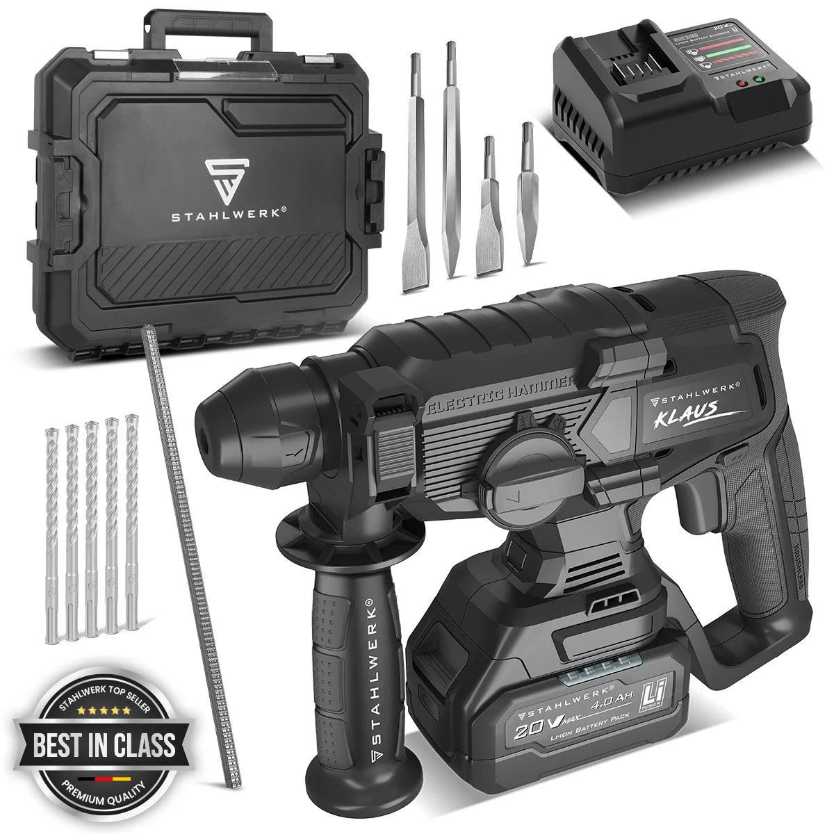 STAHLWERK Akku-Bohrhammer KLAUS | 20 Volt-System | Bohren, Schlagbohren und Meißeln | Bohrer | Bohrmaschine für Beton und Zement | 24 mm Bohrdurchmesser | Brushless | SDS