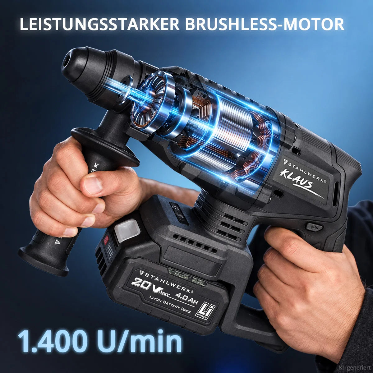 STAHLWERK Akku-Bohrhammer KLAUS | 20 Volt-System | Bohren, Schlagbohren und Meißeln | Bohrer | Bohrmaschine für Beton und Zement | 24 mm Bohrdurchmesser | Brushless | SDS