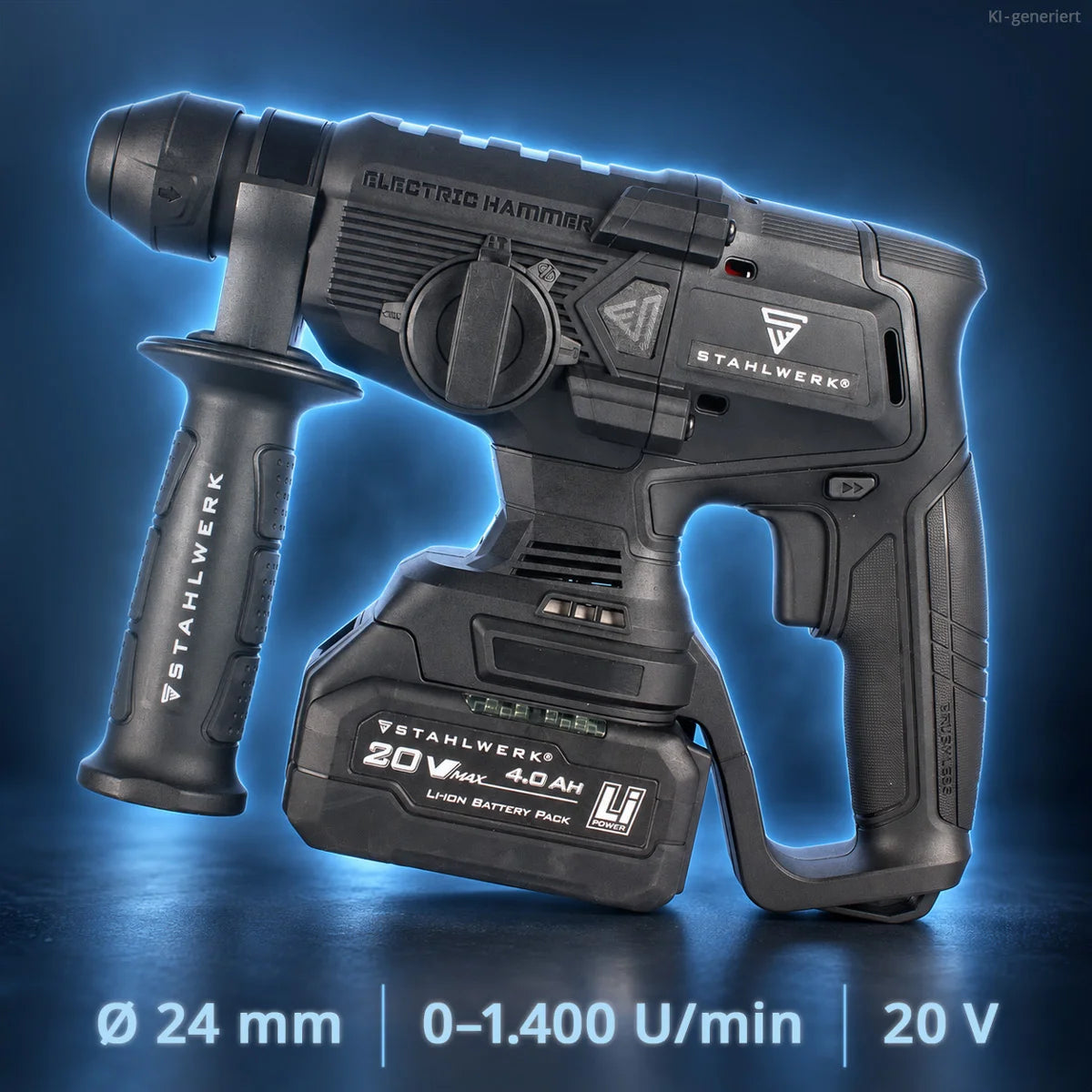 STAHLWERK Akku-Bohrhammer KLAUS | 20 Volt-System | Bohren, Schlagbohren und Meißeln | Bohrer | Bohrmaschine für Beton und Zement | 24 mm Bohrdurchmesser | Brushless | SDS