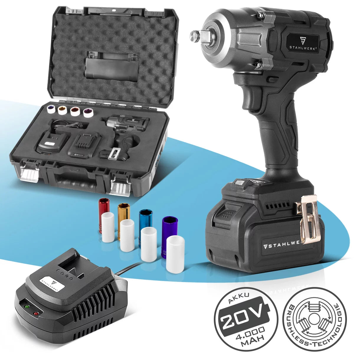 STAHLWERK cordless rotary impact wrench ADS-880 ST | 20 volt system | Brushless technology | Cordless impact wrench with 880 Nm | ½" inch mount | Includes 4 protective sockets 17-22 mm | Battery and charger