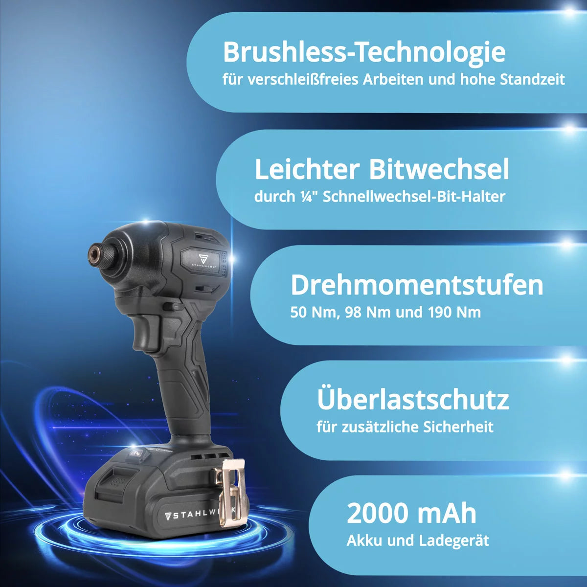 STAHLWERK Akku-Schlagschrauber ADS-190 ST | 20 Volt-System | Akkuschrauber mit Brushless-Technologie | Drehschlagschrauber 190 Nm | Inklusive Akku und Ladegerät | 1/4" Hex-Bithalter