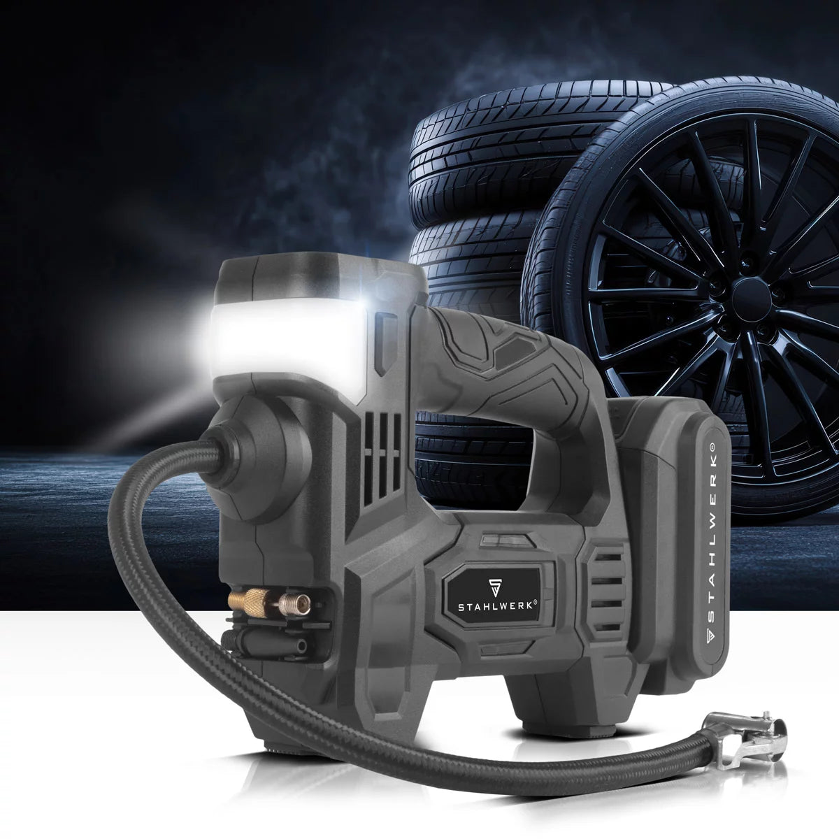 STAHLWERK cordless air compressor ADK-20 ST | 72 watts of power and 2 Ah battery | Mini compressor for inflating tires, balls | Electric air pump with digital display and lighting | Air compressor