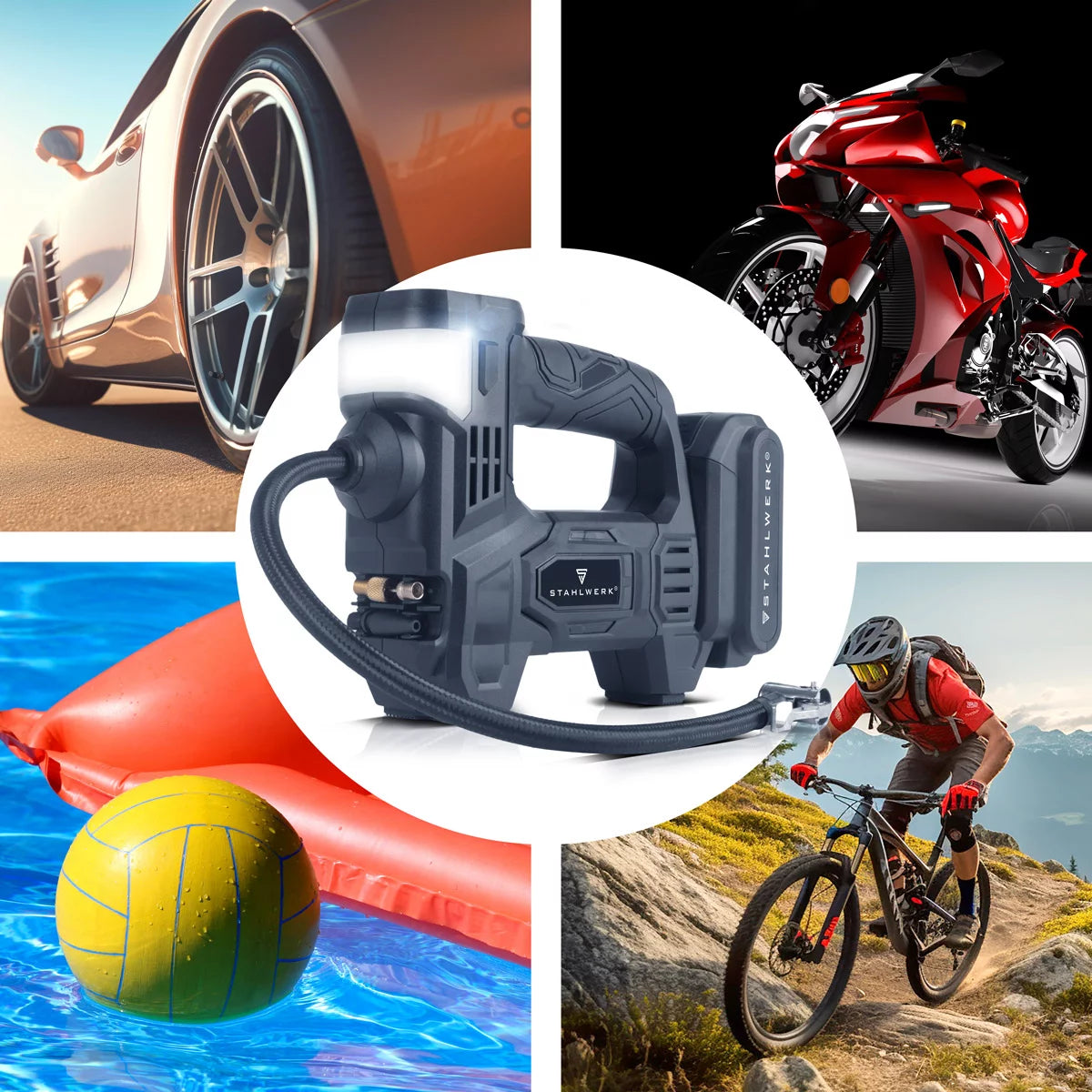 STAHLWERK cordless air compressor ADK-20 ST | 72 watts of power and 2 Ah battery | Mini compressor for inflating tires, balls | Electric air pump with digital display and lighting | Air compressor