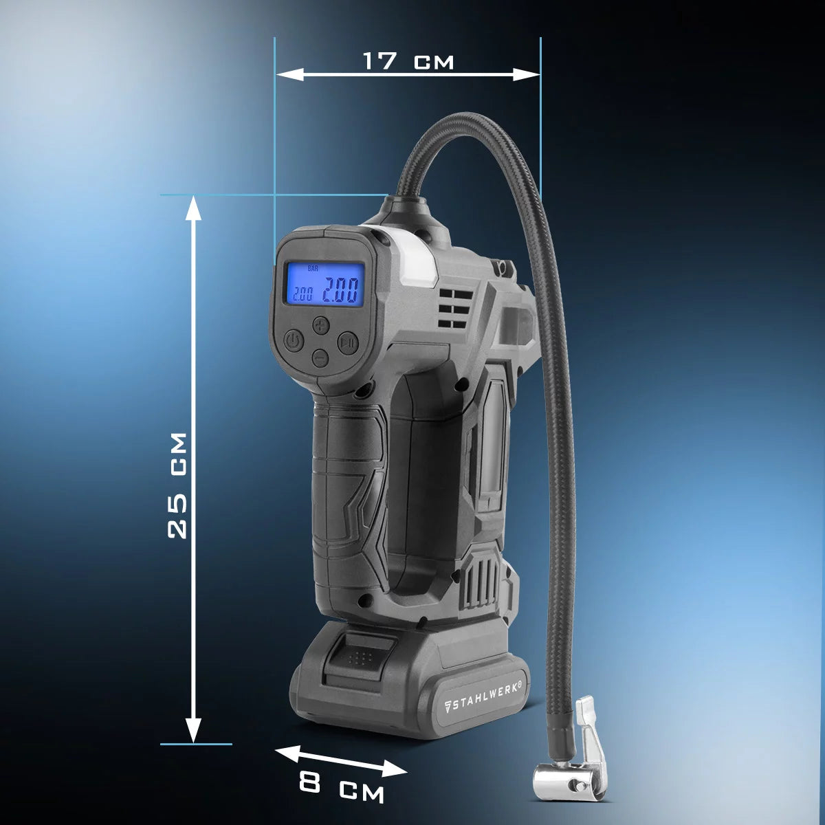 STAHLWERK cordless air compressor ADK-20 ST | 72 watts of power and 2 Ah battery | Mini compressor for inflating tires, balls | Electric air pump with digital display and lighting | Air compressor