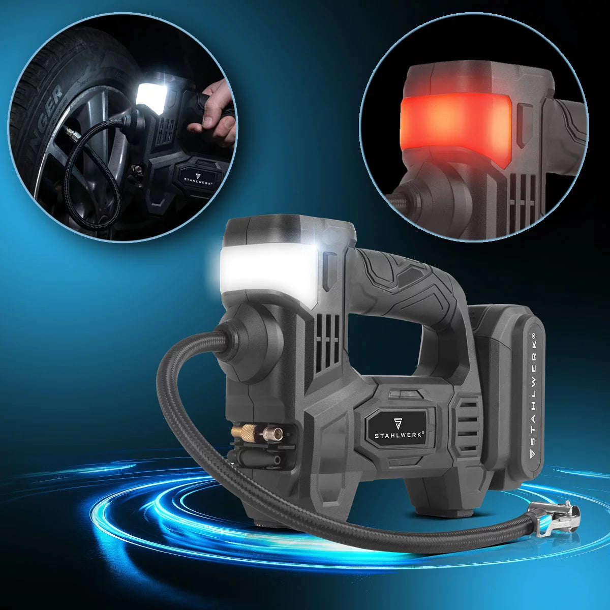 STAHLWERK cordless air compressor ADK-20 ST | 72 watts of power and 2 Ah battery | Mini compressor for inflating tires, balls | Electric air pump with digital display and lighting | Air compressor