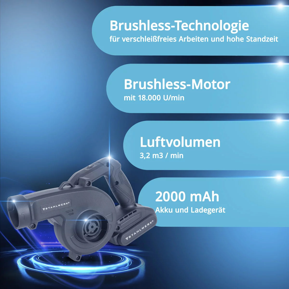 STAHLWERK mini battery blower MAG-20 ST | 20 volt cordless leaf blower with 2Ah | Portable universal blower for garden and street cleaning | Brushless leaf vacuum Compact blower 98 m/s | 0 - 18,000 rpm