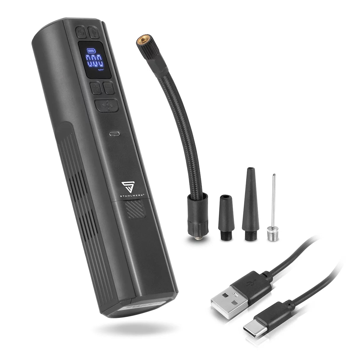 STAHLWERK cordless compressor HF-800 ST | Tire compressor with 4,000 mAh lithium battery | 80 W power, max. 4.2 bar | Digital display with psi/bar/kg/cm² | Automatic switch-off | LED work light