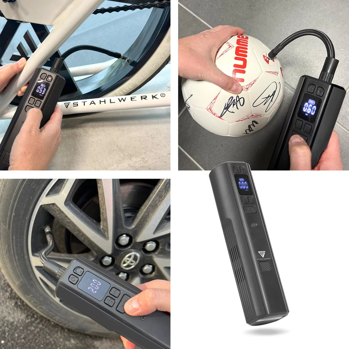 STAHLWERK cordless compressor HF-800 ST | Tire compressor with 4,000 mAh lithium battery | 80 W power, max. 4.2 bar | Digital display with psi/bar/kg/cm² | Automatic switch-off | LED work light