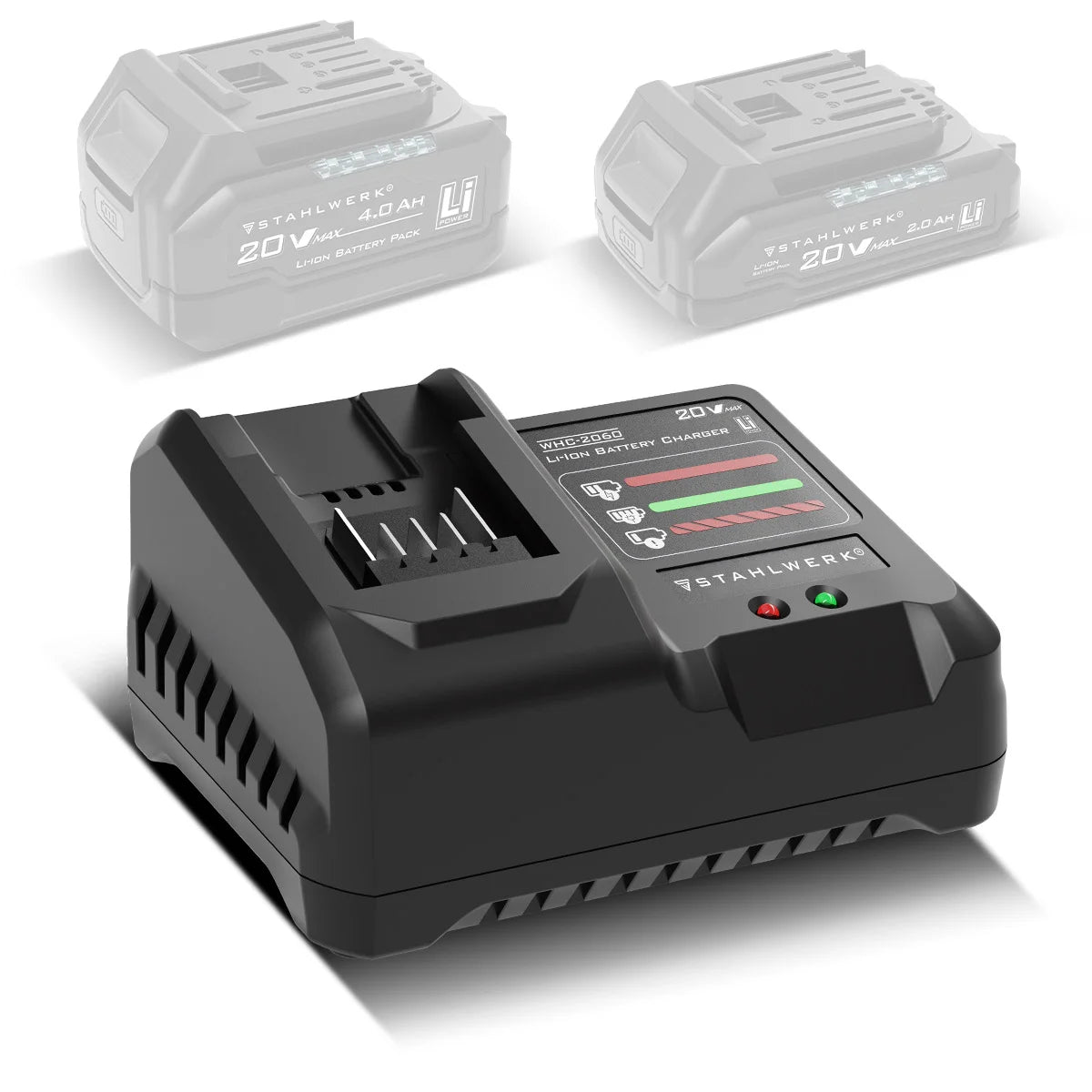 STAHLWERK Akku-Ladegerät WHC-2060 | 20 V DC Ausgangsspannung | automatische Ladeüberwachung, Reparaturmodus, Temperaturkontrolle und Erhaltungsladung | LED-Anzeige