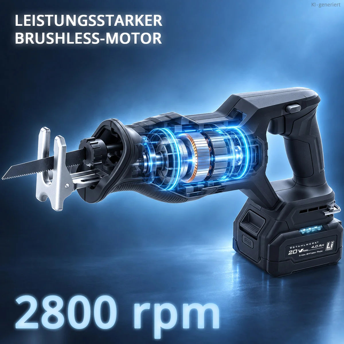 STAHLWERK Akku-Säbelsäge CHANTAL | 20 Volt-System | 2.800 U/min | 25,4 mm Hub | Reciprosäge für Holz, Metall, Kunststoff und Gipskarton | Brushless